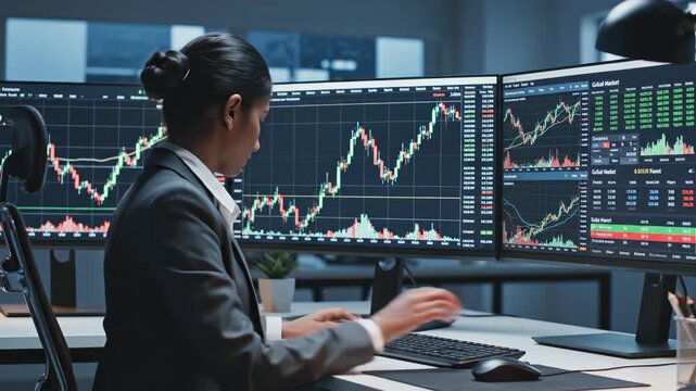 Woman analyzing stock market data on computer screens