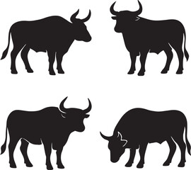 set of black silhouettes of ox