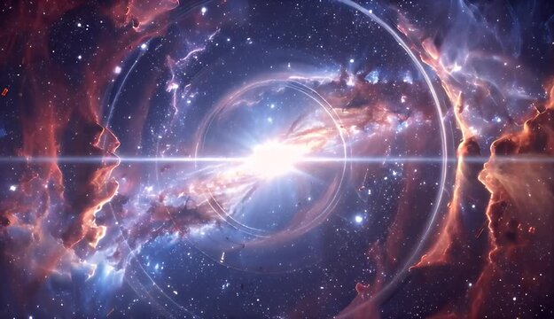 Vast Cosmic Nebula With Bright Starburst Exploding In Deep Space And Distant Stars Twinkling In Blue And Orange Hues