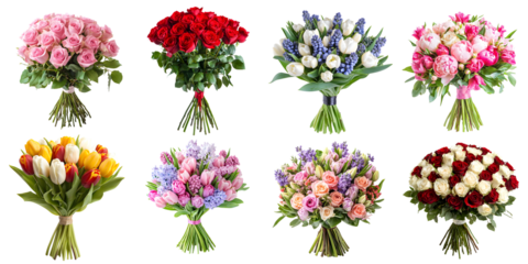 Set of various luxurious, beautiful flower bouquets isolated on a transparent PNG background. Hyacinths, tulips, roses, peonies, mimosas, and eucalyptus