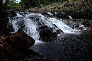Naklejka premium beautiful waterfall with trees and coral. water flows over dark, rugged stones, rocks creating staircase effect. The scene is serene natural landscape.