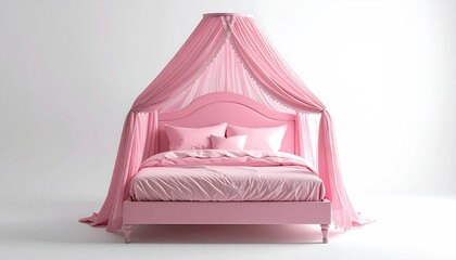 Pink canopy bed with pillows and bedding