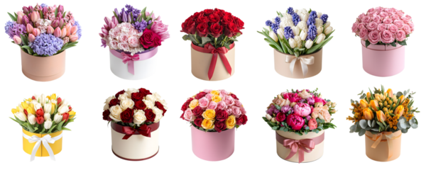 Set of lush, beautiful flower bouquets in gift boxes isolated on a transparent background. PNG. Hyacinths, tulips, roses, peonies, mimosas, and eucalyptus
