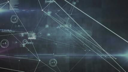 Animation of network of connections, data processing and square shapes against grey background - Powered by Adobe