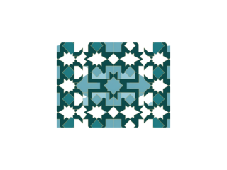 A vibrant geometric pattern featuring teal and black shapes on a solid background