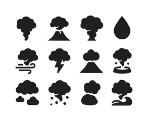 Obraz premium Volcanic Ash Icons. Ash Clouds. Solid icon set of ash clouds: smoke, volcano, ash plume, droplet, wind swirl, lightning bolt, mountain, crater, debris, sky,