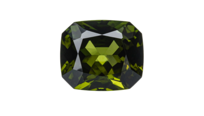 Square-cut olive-green gemstone, facets catching light, black background