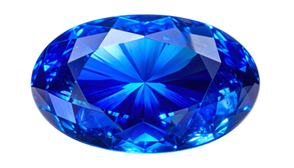 Oval-cut, deep blue gemstone, isolated on black background, sparkling facets