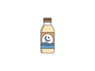 An illustration of a water bottle with a moon and ocean design on its label