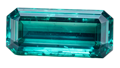 A rectangular, emerald-cut gemstone with a teal hue set against black