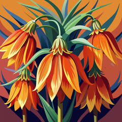 Stylized illustration of vibrant orange crown imperial flowers with green foliage