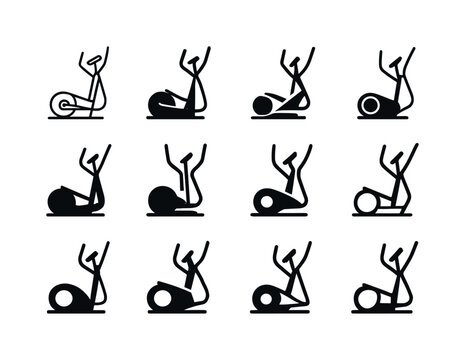 Elliptical Machine Icons. Elliptical machine. Icon set. Set Logo of elliptical machine: side profile of elliptical trainer. harmonious logo variations of the