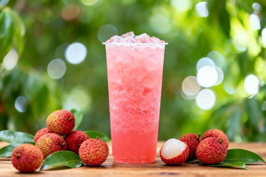 Generative AI Refreshing Lychee Fruit Drink with Ice and Fresh Leaves