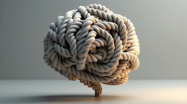 A tightly knotted rope forming the shape of a human brain placed on a neutral surface, symbolizing overthinking and mental pressure, soft studio lighting, clean background