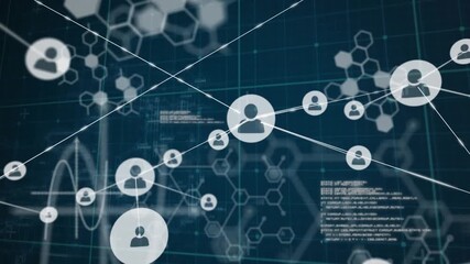 Animation of network of profile icons , chemical structures and data processing on blue background - Powered by Adobe