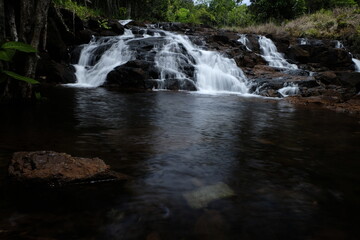 Fototapeta premium beautiful waterfall with trees and coral. water flows over dark, rugged stones, rocks creating staircase effect. The scene is serene natural landscape.