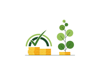 A graphic illustration of a green checkmark and a growing plant made of coins on a black background, symbolizing financial growth and success.