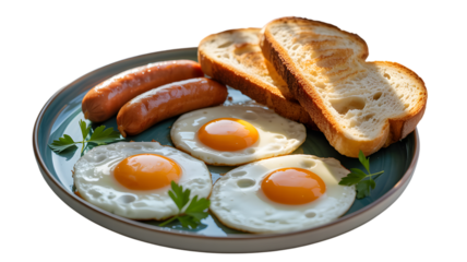 Perfectly cooked sunny side up eggs with grilled sausages and toasted bread slices on transparent background