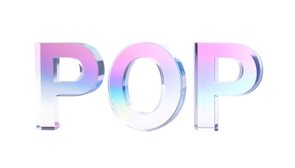 3D, iridescent, glossy word "POP" on a black background, centered