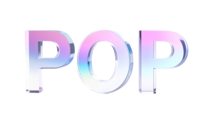 3D, iridescent, glossy word "POP" on a black background, centered