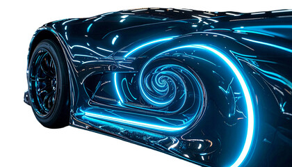 Futuristic, stylized sports car with neon blue outlines, isolated on black