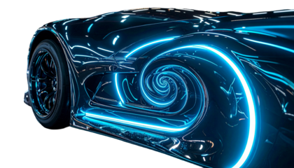 Futuristic, stylized sports car with neon blue outlines, isolated on black