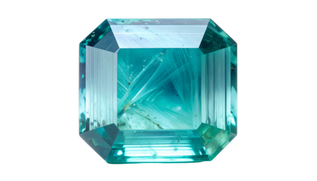 Emerald-cut teal gem with internal feather-like inclusions on black background - Powered by Adobe