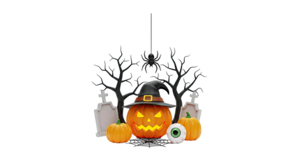 Halloween Scene with Jack-o'-lantern, Spider, and Gravestones