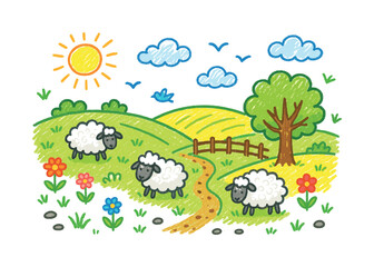 Naklejka premium Whimsical Countryside Scene. Countryside fields. Colorful Hand-drawn doodle Children illustration Countryside fields hills, sheep, flowers, tree, wooden fence,