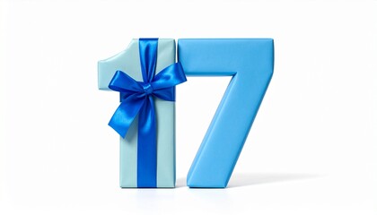 Number 17 wrapped with a festive ribbon on a white background. Photo for birthday or anniversary party