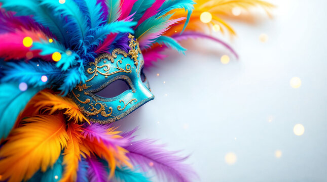 Teal Venetian mask with gold scrollwork and vibrant feathers.