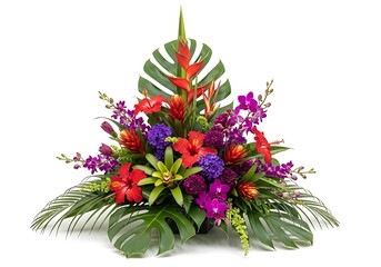 A stunning tropical floral arrangement bursting with vibrant red, purple, and orange blooms