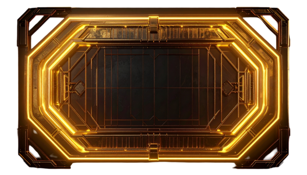 Geometric frame with glowing golden lights and dark, textured center - Powered by Adobe