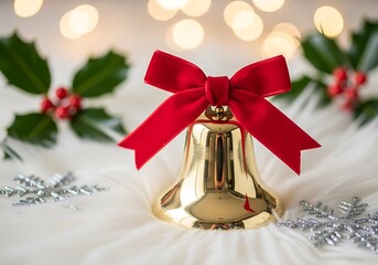 Golden christmas bell with a festive red bow and sparkling holiday decorations