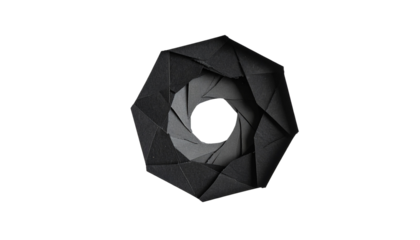 Geometric origami design with a circular aperture on black background
