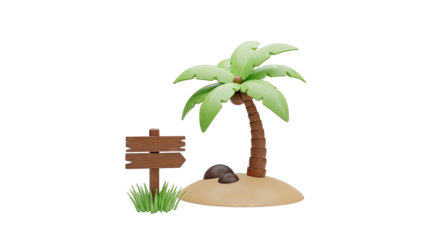 Cartoon island scene with palm tree and wooden sign