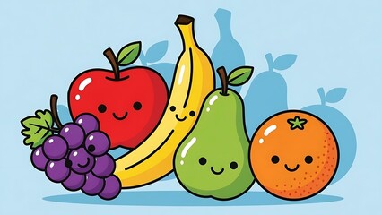 Cartoon fruits with smiling faces together.