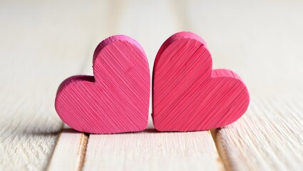 Close Up of Two Pink Textured Wooden Hearts on Light Wood Surface