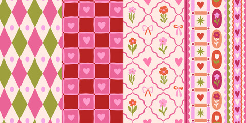 Fototapeta na wymiar Vector set of seamless patterns, abstract hand-drawn quirky doodles, love and Valentine's day decorative wallpaper and backgrounds with hearts and flowers