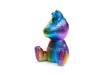 Colorful iridescent bear figurine sitting with rainbow metallic texture shiny