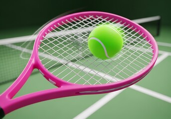 Pink tennis racket with green ball