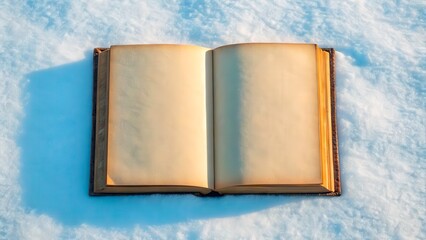 Open book on snow showing blank pages with sunlight shining down in winter scene