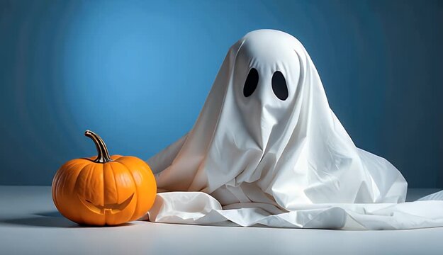 White Sheet Ghost Costume with Carved Jack O Lantern Pumpkin Festive Halloween Celebration Indoor Studio Lighting