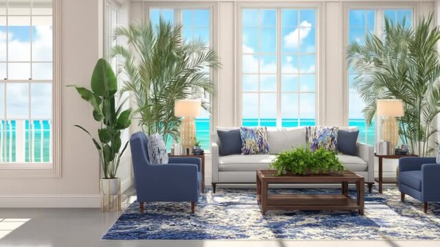 Serene living room with plush seating and tropical plants overlooks the ocean.