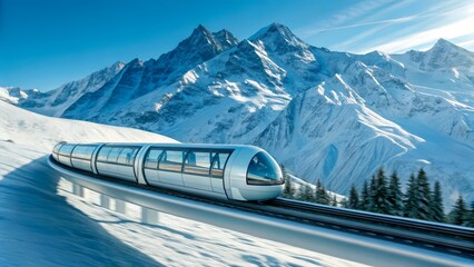 Train travels through snowy mountains under clear sky near pine trees in winter time