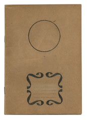 Vintage school notebook brown cover with blank  name label frame on textured cardboard paper on white