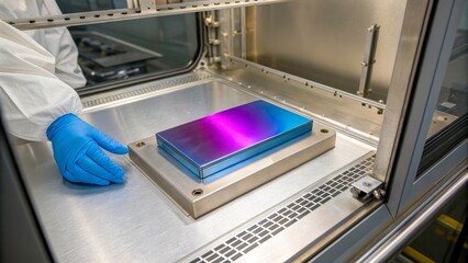 Close view of a person handling a metallic plate in a clean room environment
