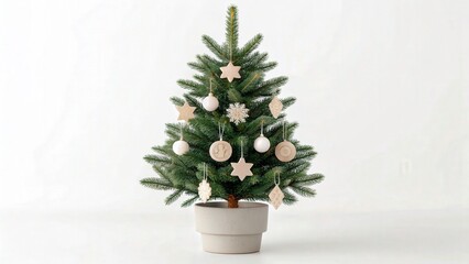 Small Christmas tree with ornaments in a simple pot on a white background during the holiday season