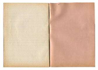 Vintage open school notebook with dusty pink cover and lined aged paper on white