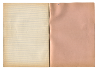 Vintage open school notebook with dusty pink cover and lined aged paper on white